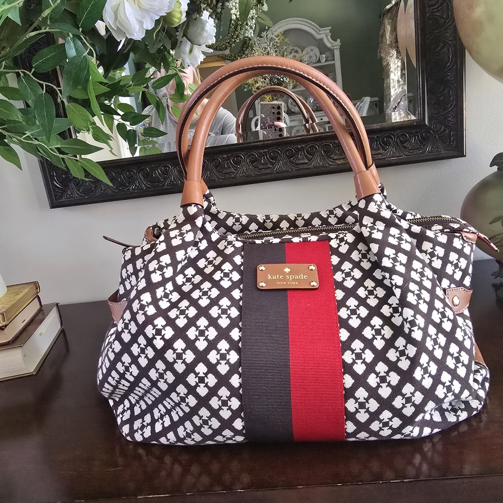 Kate Spade Chocolate Brown & White Logo Patterned Satchel with Red Stripe